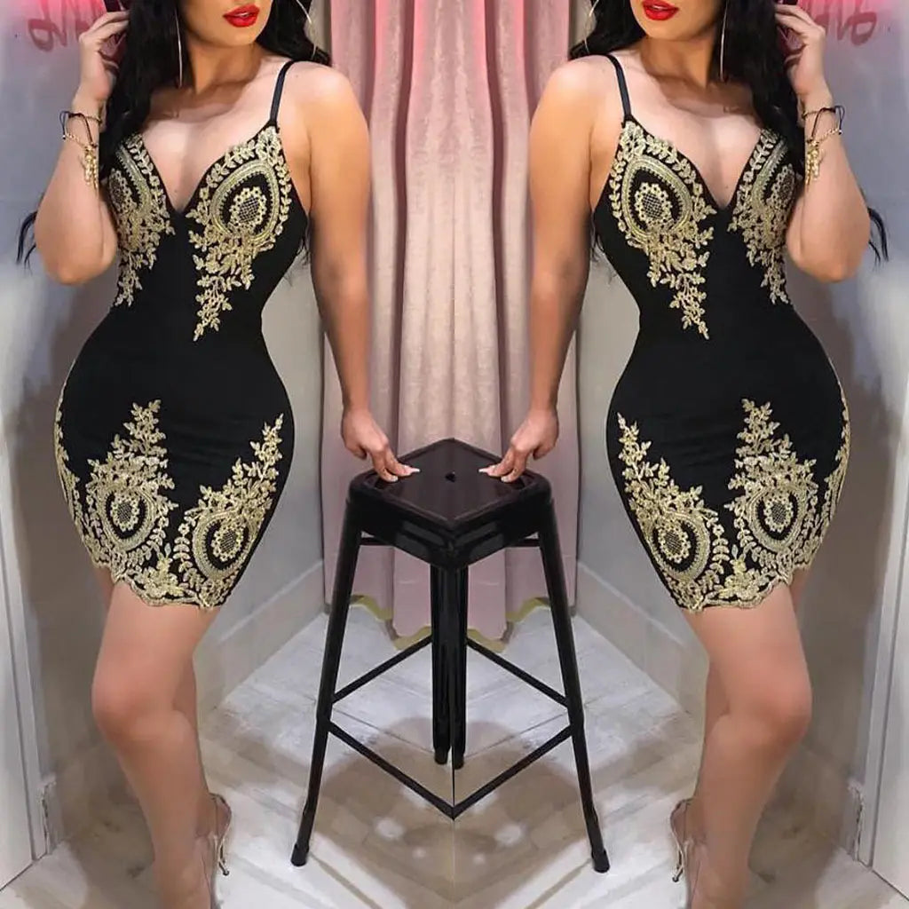 Black Gold Embroidered Lace Dress for Women