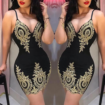 Black Gold Embroidered Lace Dress for Women
