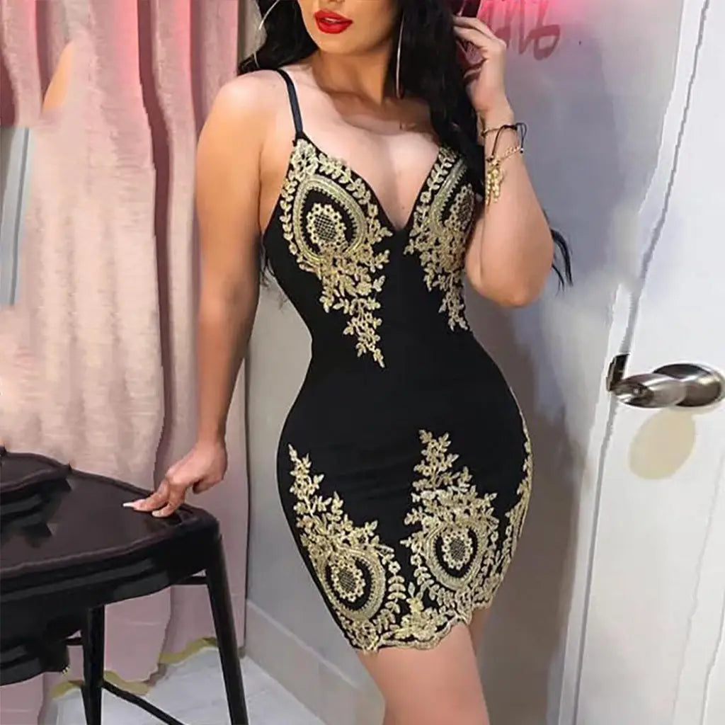 Black Gold Embroidered Lace Dress for Women