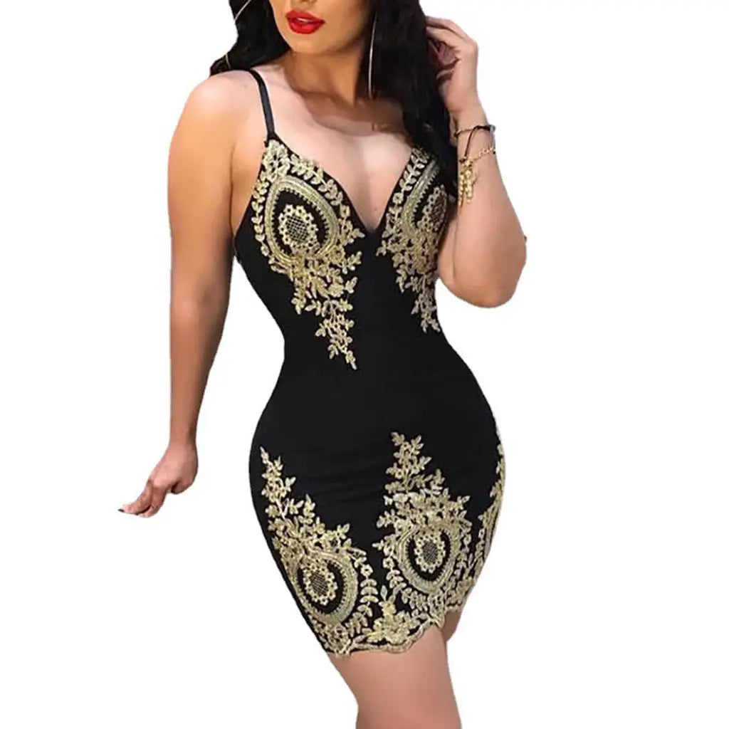 Black Gold Embroidered Lace Dress for Women