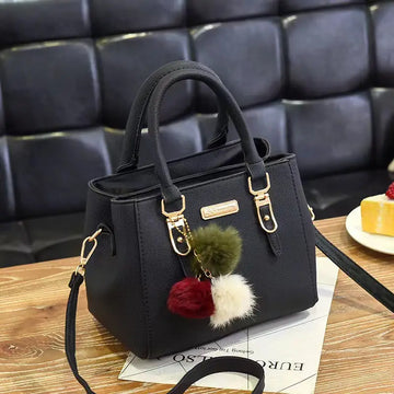 Black Women's Fashion Handbag with Pom Pom Charm