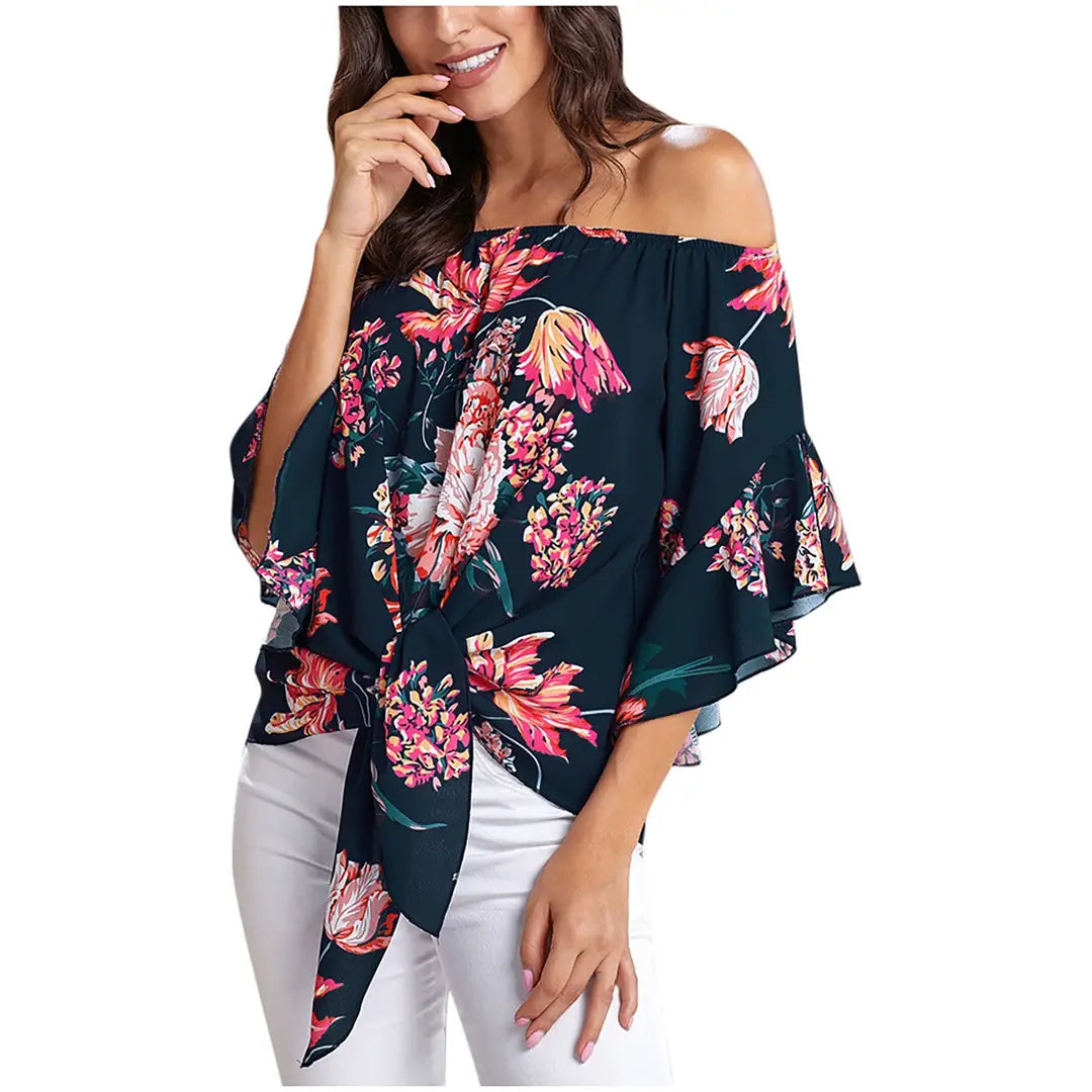 Women Loose Off-Shoulder Printed Top Red Summer