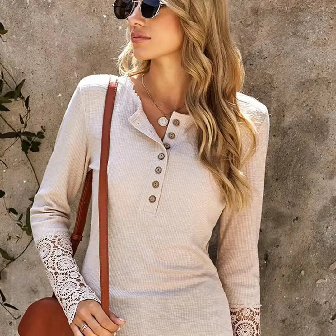 Women's Long Sleeve Lace Button V Neck T-Shirt Slim Fit Elegant