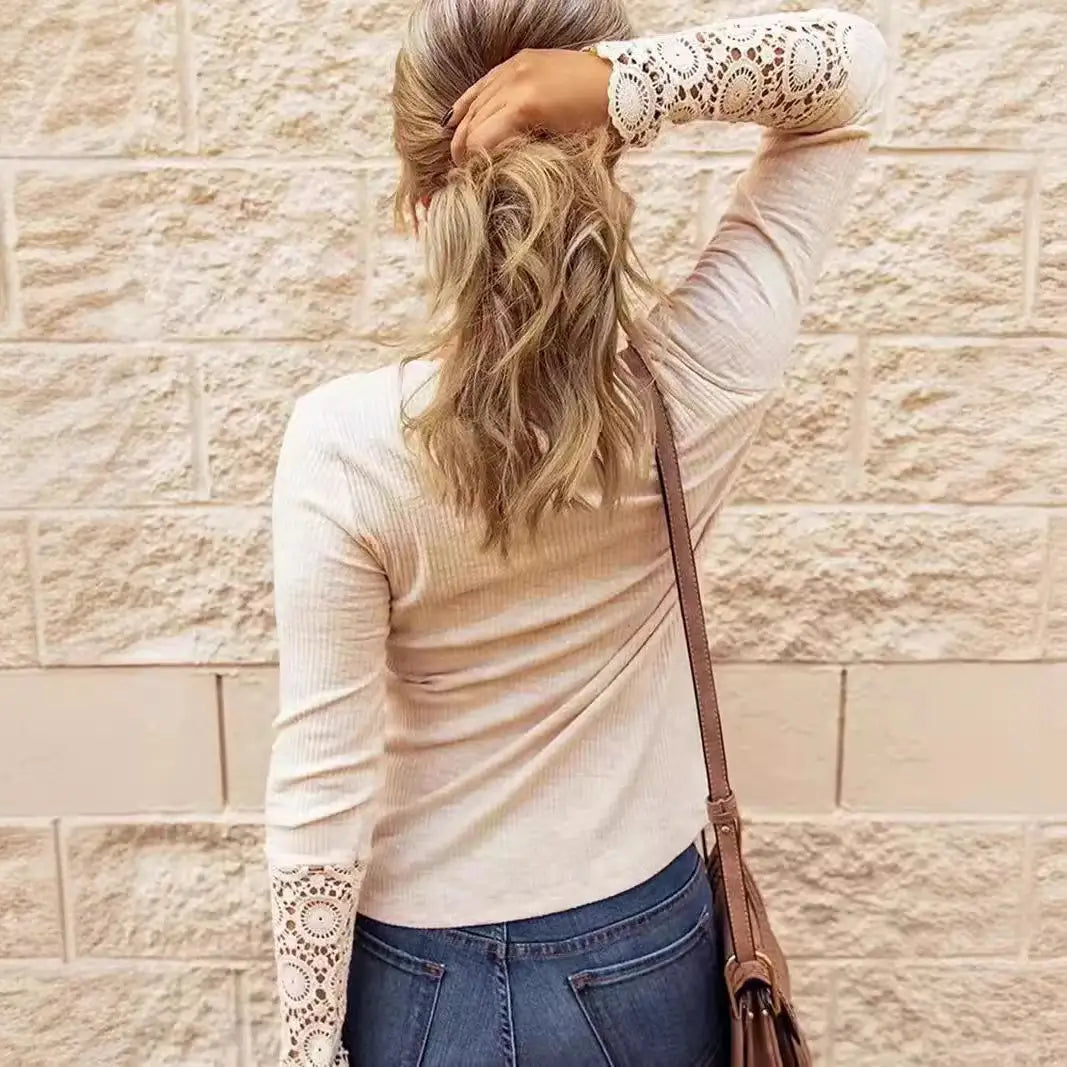 Women's Long Sleeve Lace Button V Neck T-Shirt Slim Fit Elegant