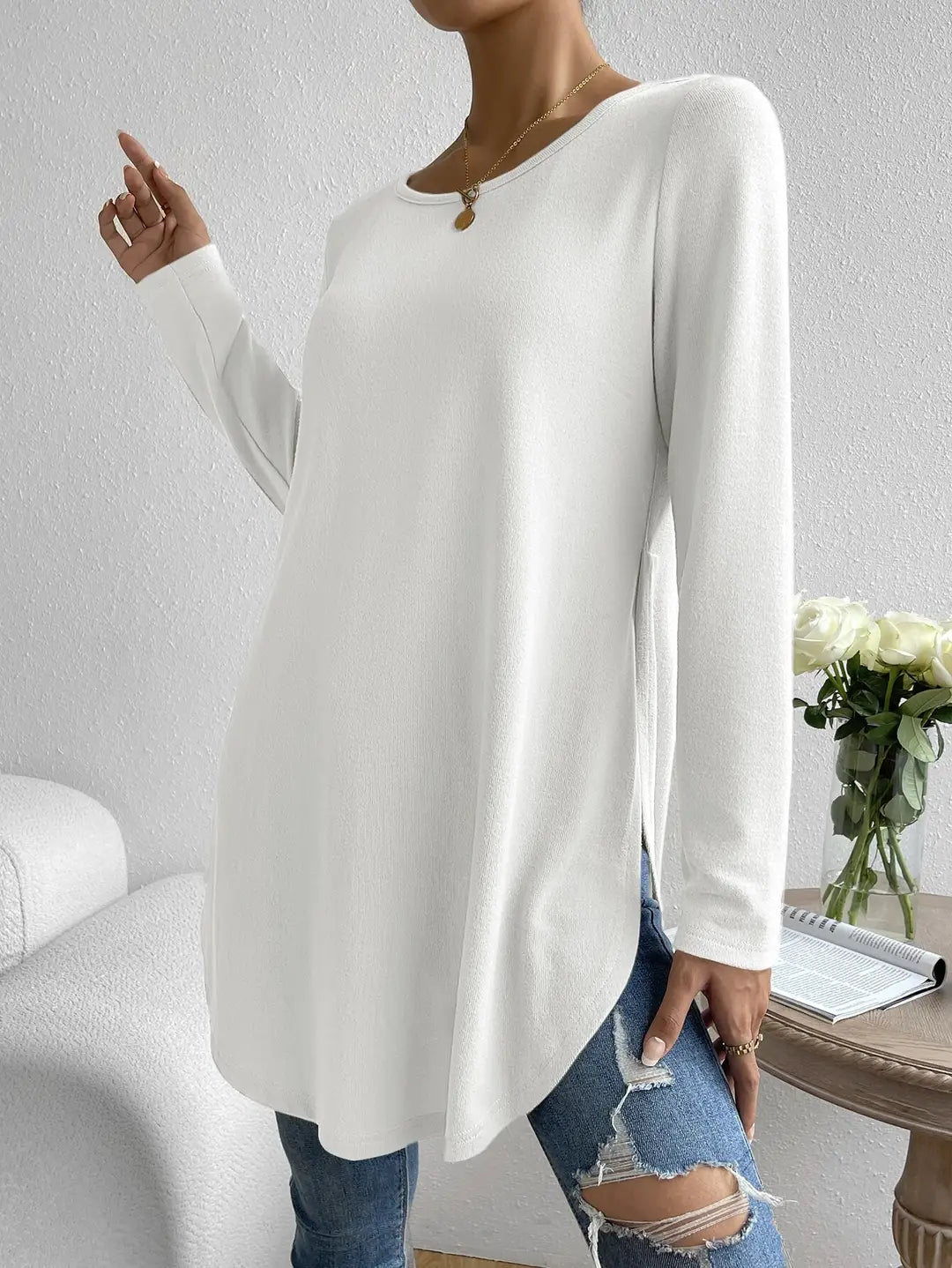 White Long Sleeve Crewneck T-Shirt with Side Split Hem