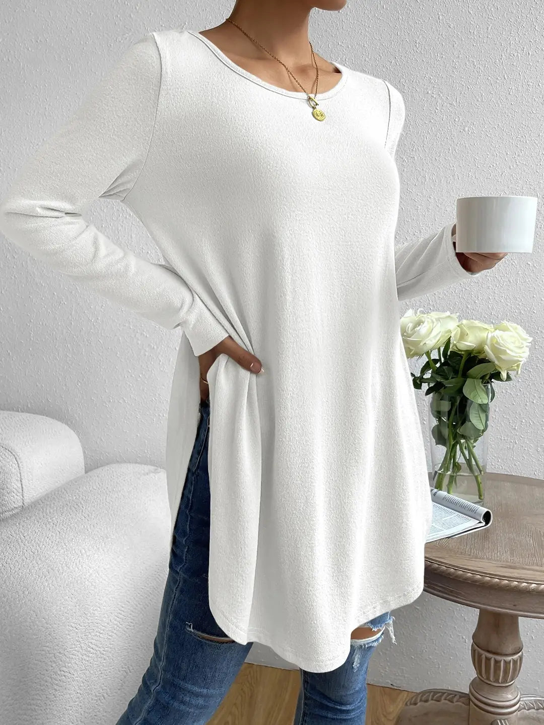White Long Sleeve Crewneck T-Shirt with Side Split Hem