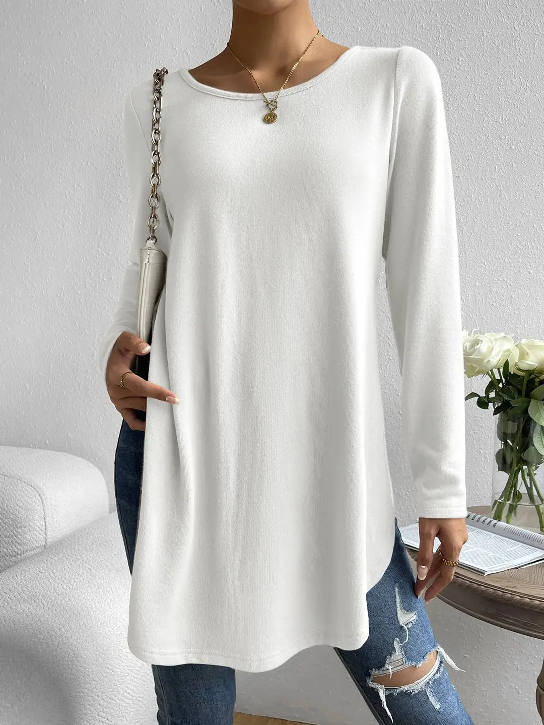 White Long Sleeve Crewneck T-Shirt with Side Split Hem