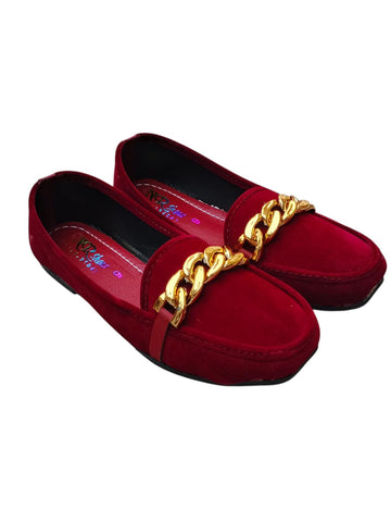 Maroon Velvet Loafers with Gold Chain Strap for Women