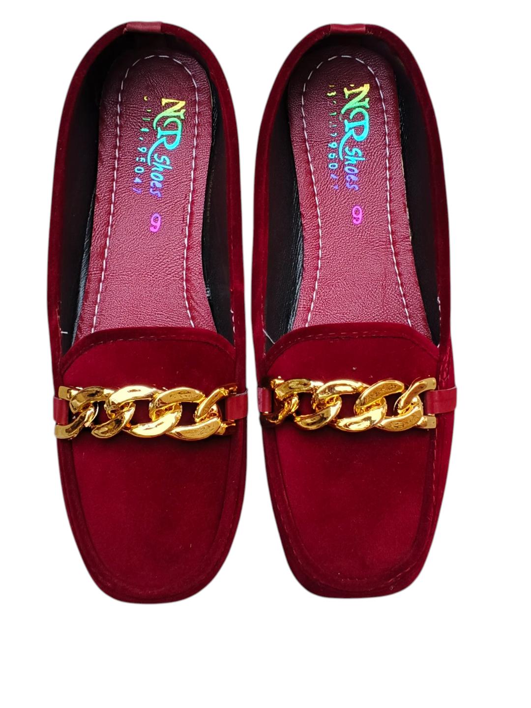 Maroon Velvet Loafers with Gold Chain Strap for Women