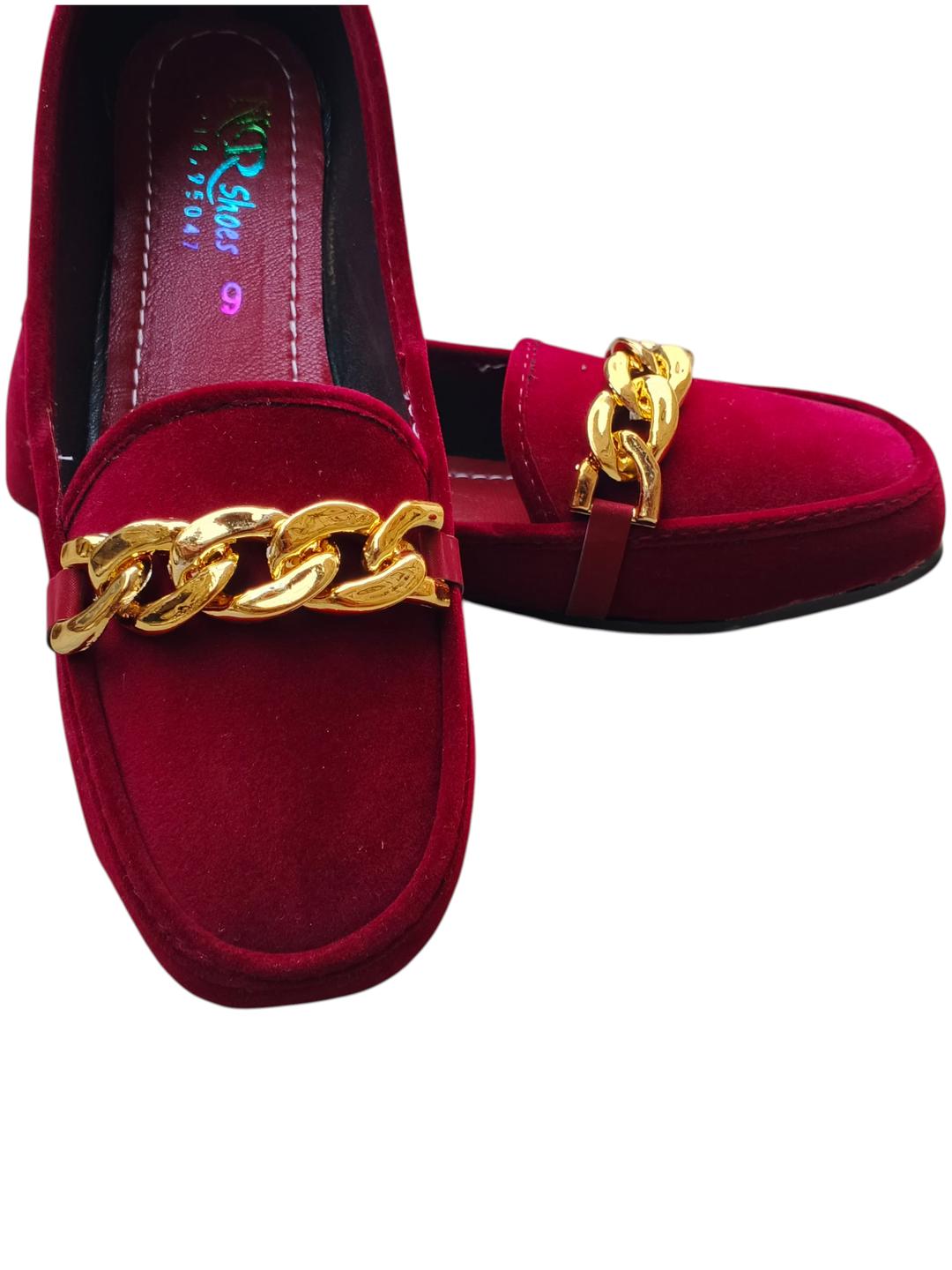 Maroon Velvet Loafers with Gold Chain Strap for Women